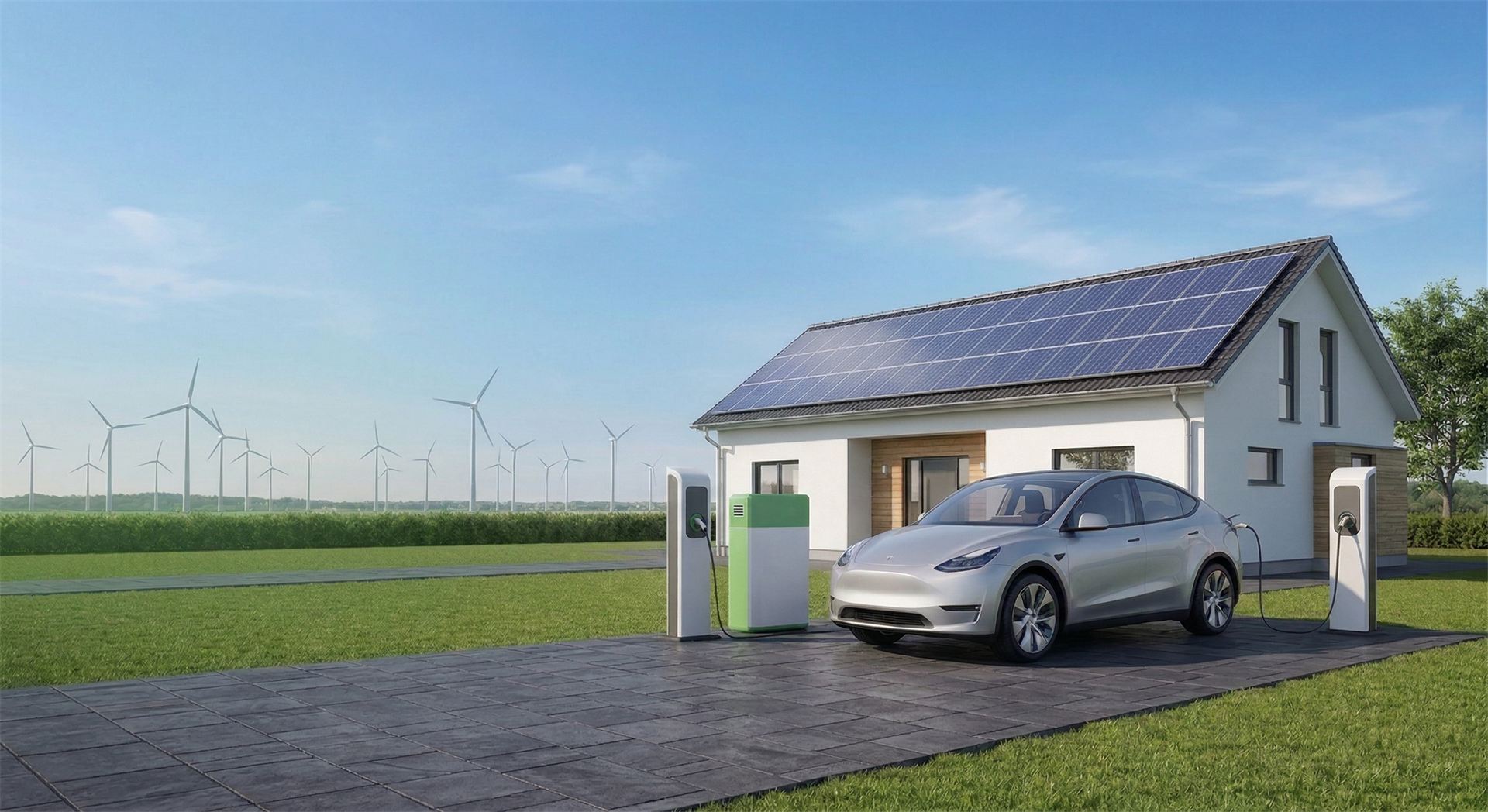 Bâtiment équipé de panneaux solaires et de bornes de recharge pour véhicules électriques